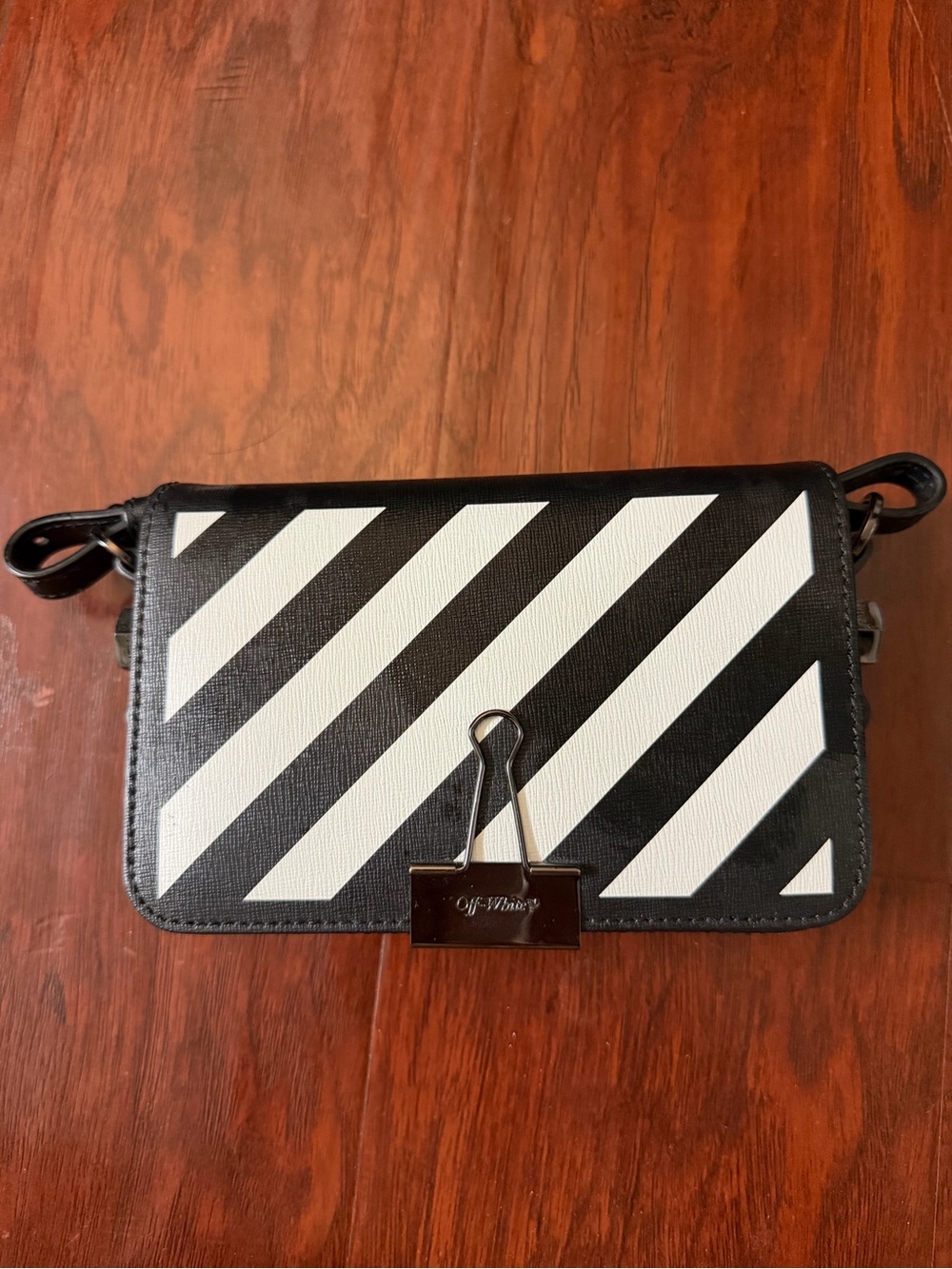 Off-White Black and White Striped Binder-Clip Crossbody